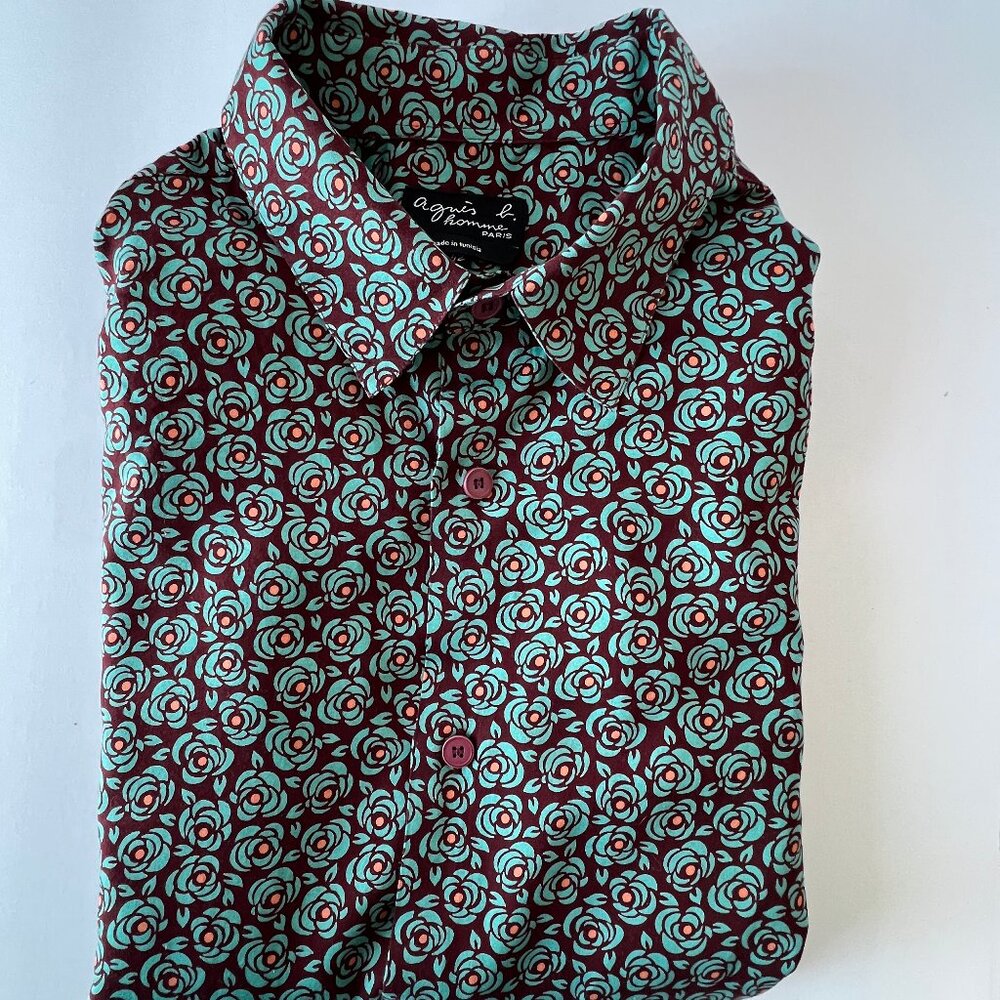 Agnés B Homme Paris Button Down Top, Floral, Green and Maroon Red, Sz 42